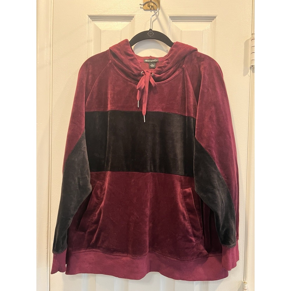 Champion Elite Hoodie Large Velour Hooded Sweatshirt Wine Black Colorblock